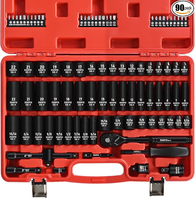 3/8" Drive Impact Socket Set, 90 Piece Metric Socket (6-22mm) and Standard SAE Size (5/16-15/16 inch) 6 Point, with 72-Teeth Ratchet Wrench, Mechanics Tool Kit for Automotive Repair