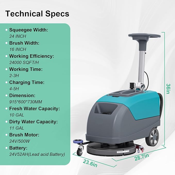 Walk-Behind Floor Scrubber Dryer with 16" Scrub Path, 24" Suction Width, 11-gal Sewage Tank, 10-Clear water tank, Foldable Walk Behind Hand Push Floor Scrubber 24000 Sqft/h
