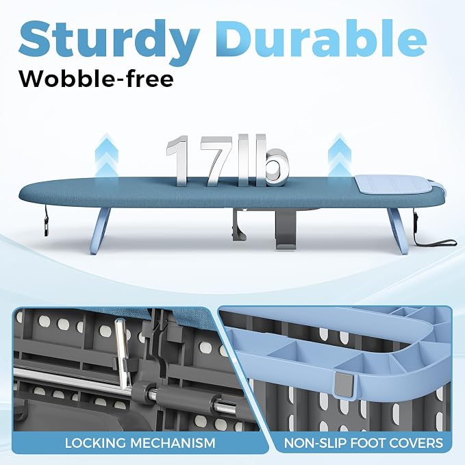 KINGBOARD Small Ironing Board with Iron Holder,Space Saving 12x32 Blue | Tabletop Ironing Board with Heat Resistant Cover, Foldable Mini Iron Board with Non-Slip Feet, Easy Storage for Travel & Dorm