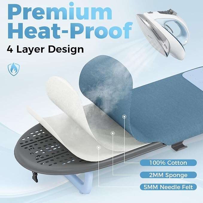 KINGBOARD Small Ironing Board with Iron Holder,Space Saving 12x32 Blue | Tabletop Ironing Board with Heat Resistant Cover, Foldable Mini Iron Board with Non-Slip Feet, Easy Storage for Travel & Dorm