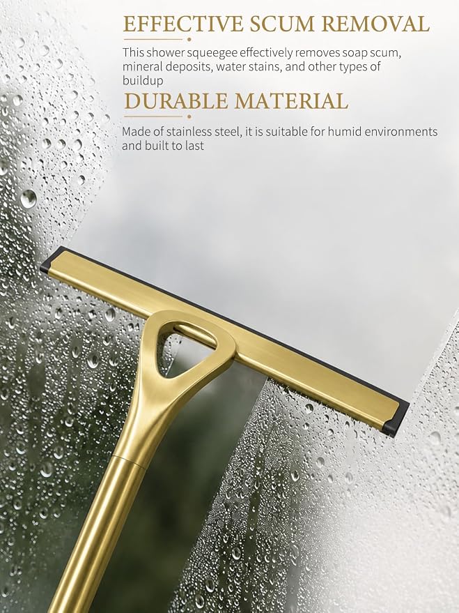 Gold Squeegee for Shower Glass 8.9x8.7in Brushed Stainless Steel | Shower Squeegee for Glass Doors,Leaves No Streaks, Rust-Resistant, Multi-surface Cleaning, Non-slip Handle, Comes with a Hook