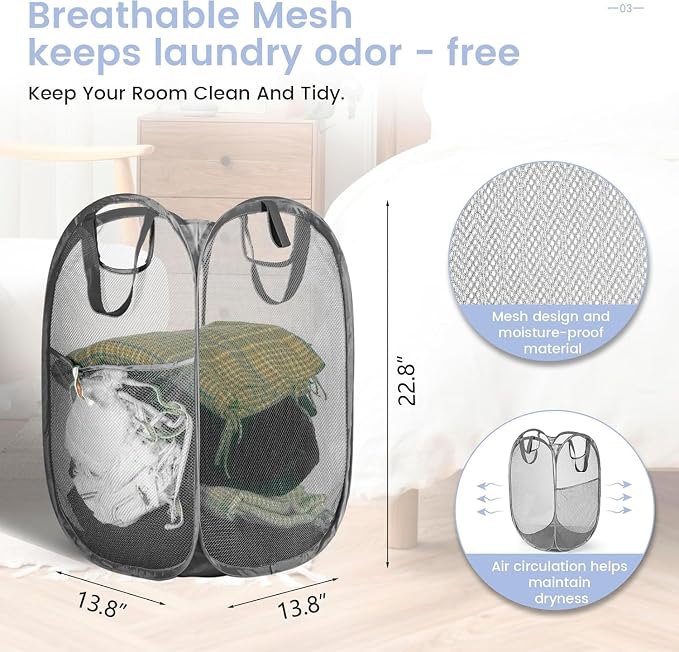 HOUSE AGAIN Strong Mesh Pop Up Laundry Hamper, 70L Collapsible Laundry Basket with Steel Frame, Double‑Stitched Handles & Side Pocket, Foldable Dirty Clothes Hamper for Dorm, Bedroom, Grey
