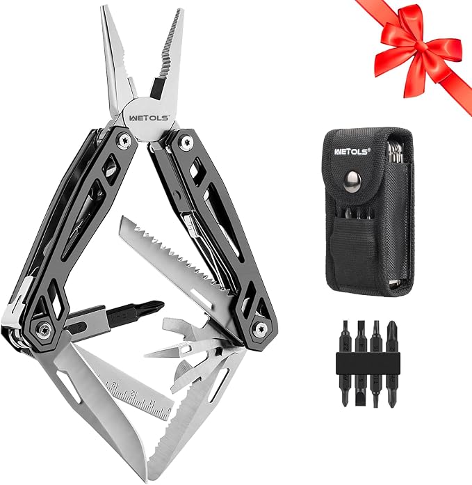 Father‘s Day Gifts for Men Dad Him, 21-in-1 Multitools with Pocket Knife | Stainless Steel Self-locking Pliers with 8 Screwdriver Bits, Multi Tool Survival Gear, EDC Knife with Pouch for Outdoor