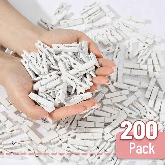 Mr. Pen- Mini Wooden Clothes Pins for Photo, 1.4 Inch, 200 Pack, White | Small Craft Clips for Card Making, Hanging Pictures, Party Favors, DIY Art Projects, Miniature Decorations, Durable Spring