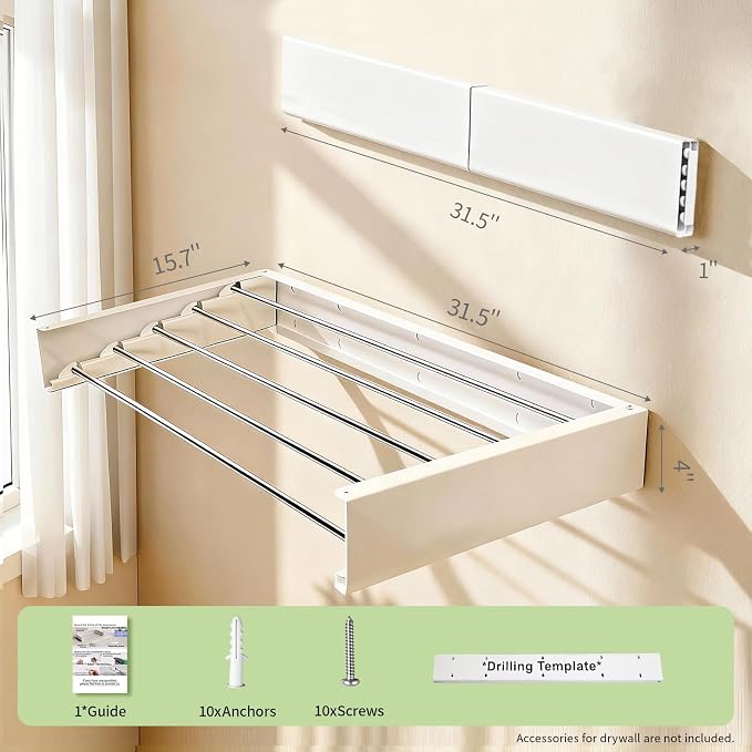 31.5 Inch Wall Mounted Clothes Drying Rack, Foldable Laundry Rack | Space Saving Wall Mounted Drying Rack with 5 Aluminum Rods, 40 lbs Capacity, Foldable Design for Laundry Room, Bathroom