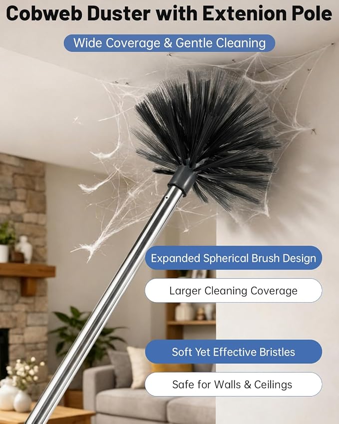 Practical 3 in 1 Dusters Kit for Cleaning, Efficient Duster with Extension Pole, Upgraded High Ceiling Fan Cleaner Duster, Easy Washable Spider Cobweb Brush Duster for Blinds/Wall/Tight Spaces