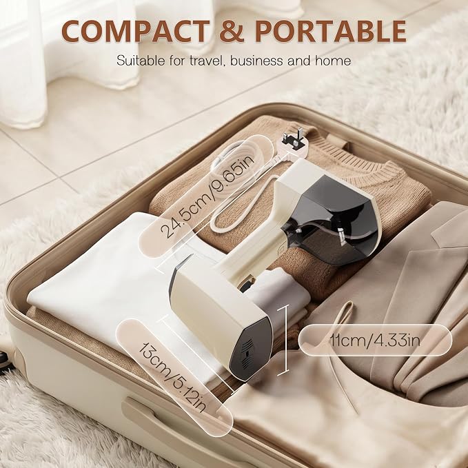 Cadrim Steamer for Clothes,Portable Handheld Fabric and Garment Steamer Iron Press Wrinkle Remover with Lint Remover & Fabric Brush – White