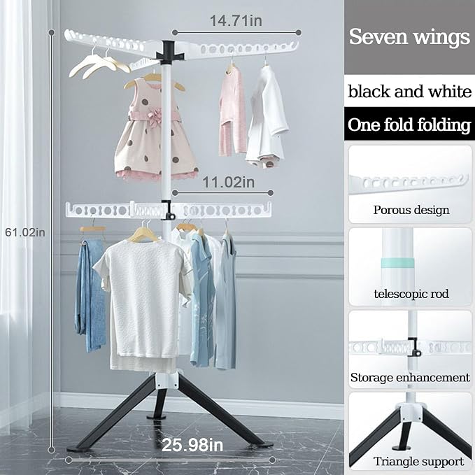 Collapsible Clothes Drying Rack, White Metal Foldable Laundry Stand with Multiple Arms, Indoor Outdoor Garment Hanger