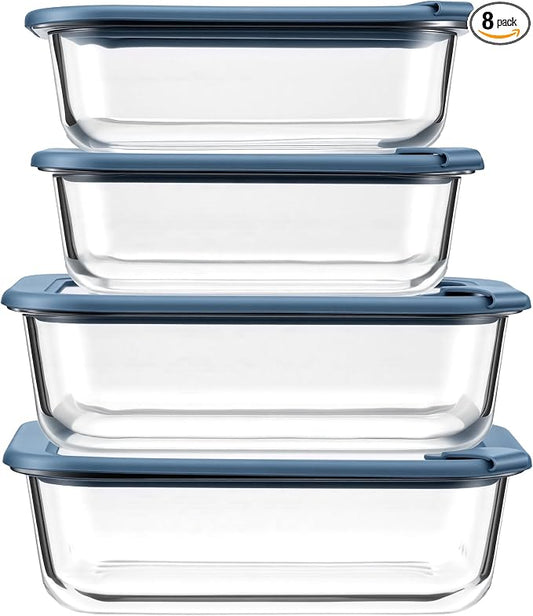 Taree Glass Food Storage Containers, 8 Pack, 21.6oz & 35.5oz, Blue Lids | Ocean Blue Lid Design • Glass & Silicone Lids • Airtight Leakproof Seal • Built-In Steam Vent • Microwave-Safe Lid