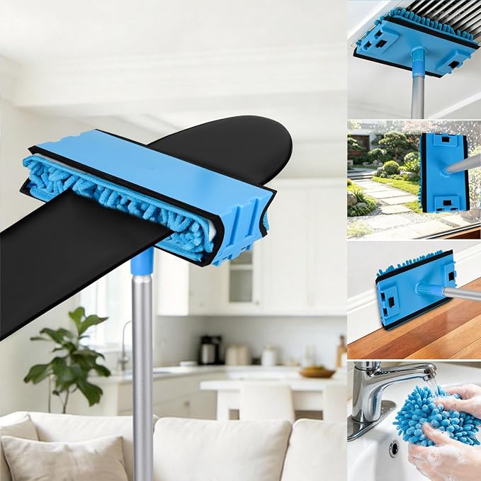 Ceiling Fan Cleaner Duster, 6Ft/72in Extension Aluminum Pole, Blue | 4 Reusable Chenille & Microfiber Mop, High Ceiling Fan Blade Cleaning Tool for Cleaning Walls Floor, Baseboard, Cobweb