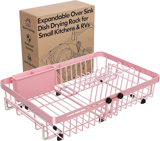 MAJALiS Pink Dish Drying Rack Over The Sink with Utensil Holder | Expandable Stainless Steel Dish Drainer for Small Kitchen, Apartment, RV, Counter Space Saving, Perfect Fit, Rustproof