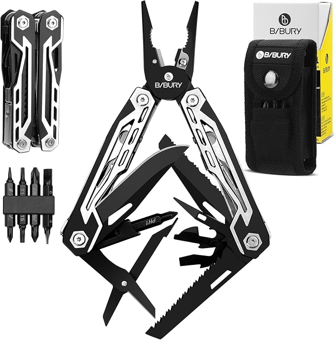 BIBURY Multitool, 21-in-1 Stainless Steel Pocket Knife with Scissors,Sheath | EDC Self-locking Multi Tool Pliers for Outdoor, Survival, Camping, Hiking, Home Repair, Gadgets Gift for Men | BI2029AB