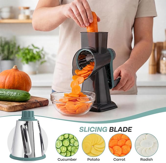 Rotary Cheese Grater,Cheese Shredder Hand Crank, Manual Cheese Grater for Veggies, 3-Blade Grater, Home Kitchen Appliances and Kitchen Gadgets (Blue)