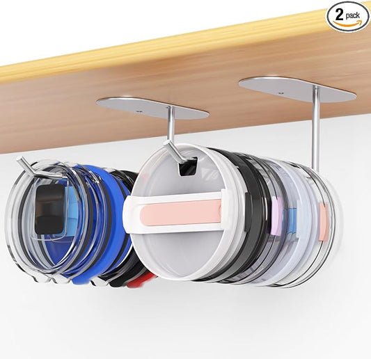 2 Pack Tumbler Lid Organizer, Space Saving Cup Lid Organizer | Yeti/Stanley/Simple Modern Lids Organizer, Self-Adhesive or Drilling Tumbler Lid Hook for Kitchen Organizers and Storage