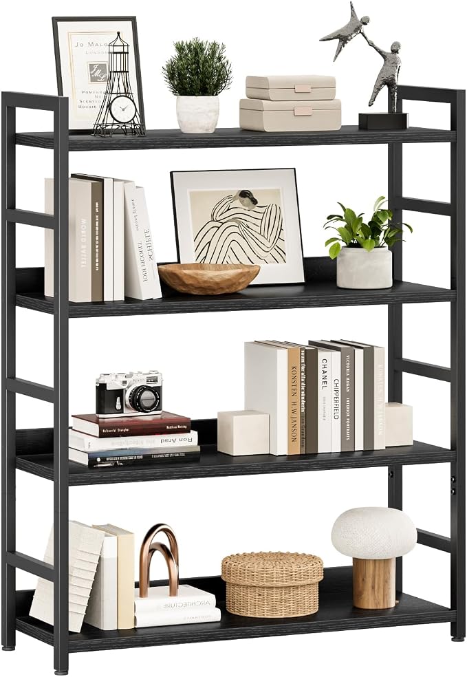 NUMENN Wide Bookshelf, 4 Tier Freestanding Shelving Unit, Black | Metal Frame & Wood Shelves, Falling Prevention Baffle, Open Storage Bookcase for Bedroom, Living Room & Home Office