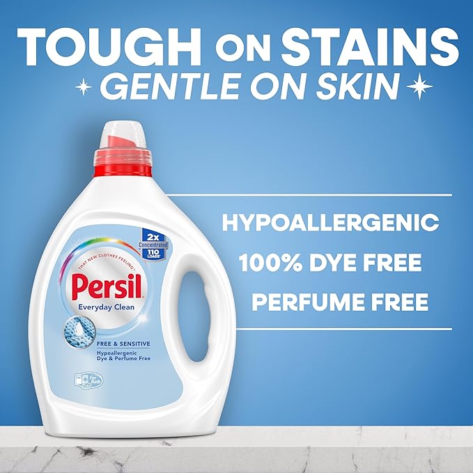 Persil Free & Sensitive Liquid Laundry Detergent, 110 Loads, 82.5 Fl Oz | Deep Clean & Care, Unscented Dye Free, Hypoallergenic for Sensitive Skin, Ultra Concentrated, HE Safe, All Water Temperatures