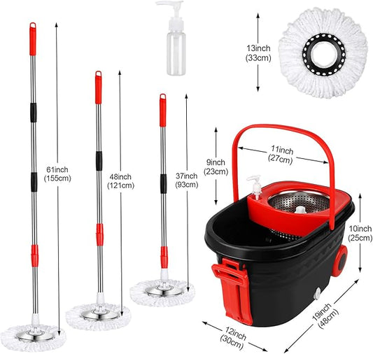 Mop Bucket Set with Wringer, Swivel Stainless Steel Mop Bucket with Wheels, 3 Microfiber Replacement Mop Heads, Stainless Steel Telescopic Handle Floor Mop, Wash Bottle