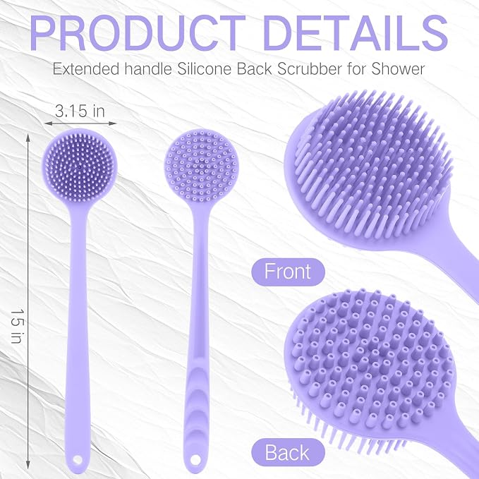 Sunnyray 2 Pack Silicone Back Scrubber for Shower with 15" Long Handle Double-Sided Bath Body Brush for Exfoliating Easy to Clean Quick Dry Deep Cleaning Lathers Well(Purple)