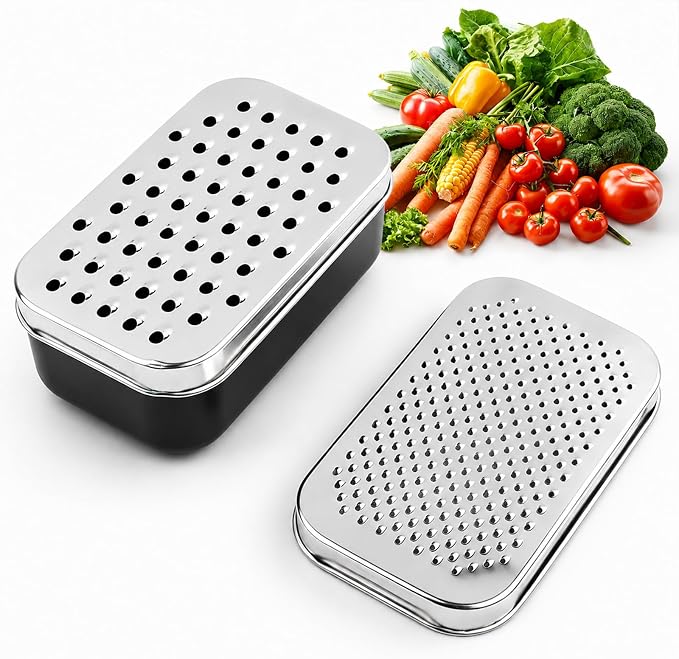 Cheese Grater with Storage Container, Box Grater Stainless Steel for Vegetables, Cheese Shredder 2 Sharp Blades for Fine & Coarse, Non-Slip Base, Lemon Zester, Includes Cleaning Brush (Black)