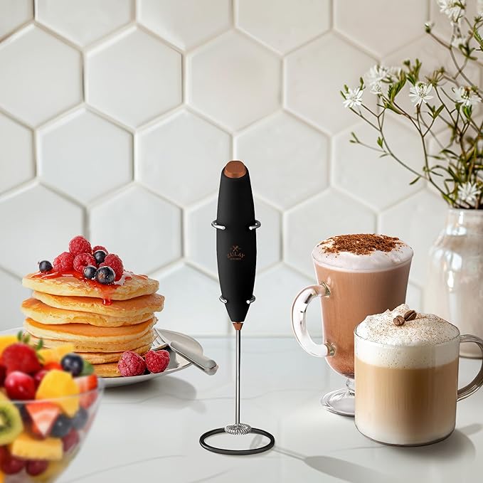 Zulay Kitchen Powerful Milk Frother Wand With 4 AA Duracell Batteries - Ultra Fast Handheld Drink Mixer - Electric Whisk Foam Maker for Coffee, Lattes, Cappuccino, Matcha & Creamer - Black Copper