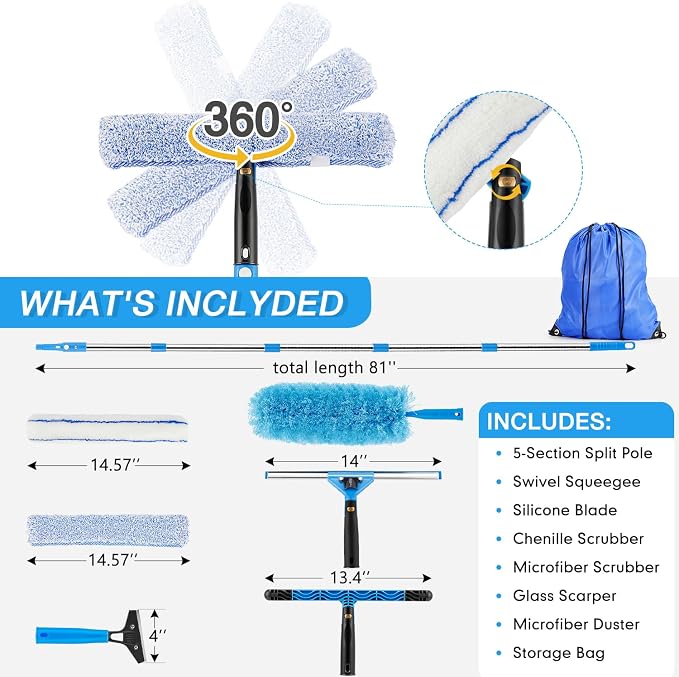 360° Rotating Window Squeegee Cleaner Kit with Extension Pole | Streak-Free Glass Cleaner for High Windows, Shower Doors & Solar Panels, Professional All-in-One Window Cleaning Tools Set