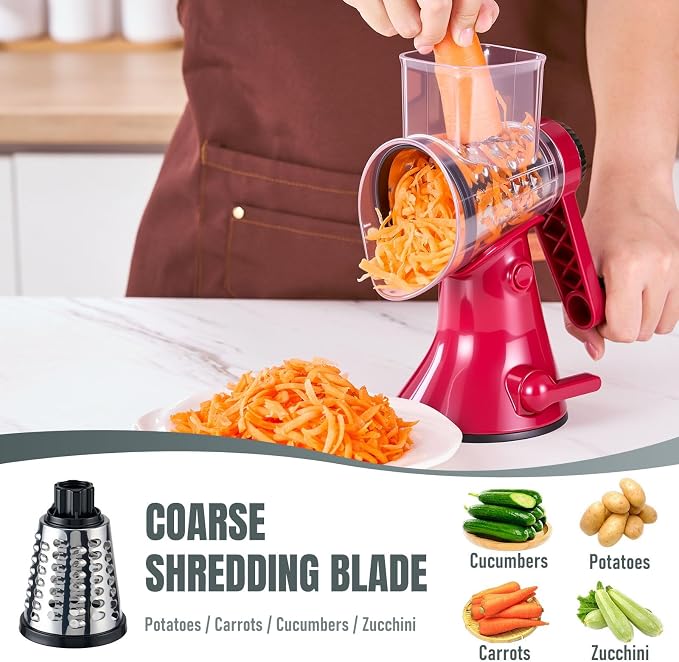 KYZ Rotary Cheese Grater - 12X Faster Hand Crank Vegetable Slicer with 3 Premium Stainless Steel Blades, Strong Suction Base, Dishwasher Safe Food Shredder for Cheese, Vegetables, Nuts, Chocolate