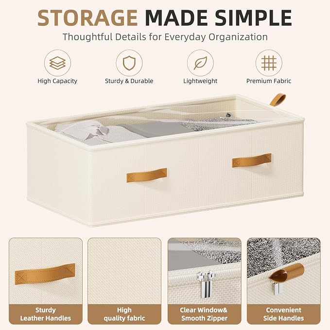FHSQX 4 Pack Under Bed Storage Bins- 10 Inch Tall Underbed Clothes Storage Containers with Clear Window for Closet, Bed Sheets and Blankets (Beige, 31.5x15.8x10 inch)