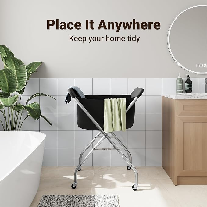 ELYKEN Laundry Basket with Wheels, Collapsible Laundry Hamper, Black | Removable Liner Bag, Foldable Design, 118L Capacity, Sturdy Metal Frame, 4 Casters, Laundry Cart for Bedroom, Laundry Room