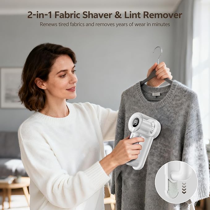 Rechargeable Fabric Shaver, 2-in-1 Lint Remover with 6-Blade | For sweaters, blankets, coats and cloth upholstery, with 200ml container, LED display, USB-C charging and 3 speeds