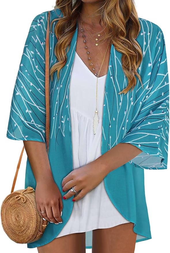 Women Kimono Cardigans Summer Cover Up Hawaiian Shirts Floral Print Tops | ROSEMIA chiffon kimono open front cardigans, beach cover ups, daily casual tops, cruise outfits, summer resort wear