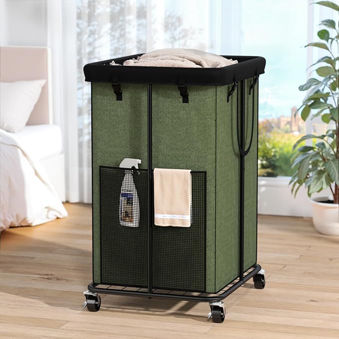 Laundry Hamper with Wheels, 150L Rolling Laundry Basket with Bag & Handles | Sturdy Metal Frame | Removable Bag | Large & Tall Dirty Clothes Hampers for Laundry Room, Bedroom, Dorm, Bathroom-Green