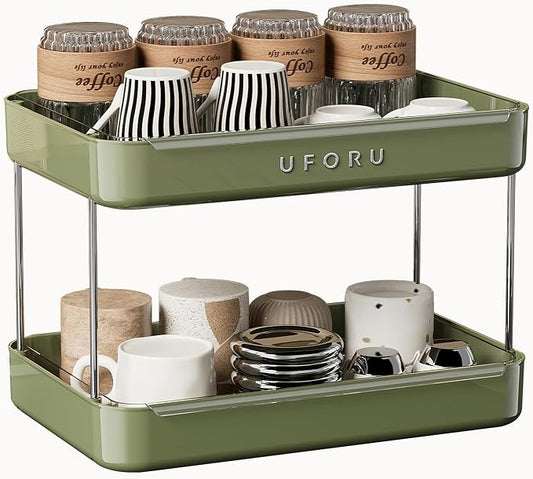 UFORU Countertop Coffee Station Organizer,Cup Rack,Mug & Wine Glass Holder | 2-Tier Green Mug Shelf with Removable Drain Tray,Bathroom Countertop Organizer,Spice Rack for Kitchen