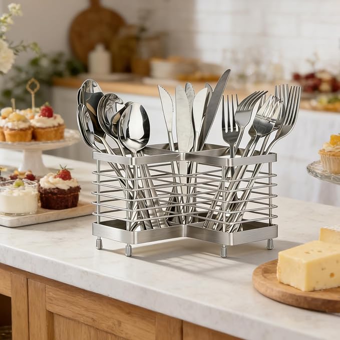 Utensil Holder, Stainless Steel Corner Utensil Holder for Kitchen Counter, 3 Compartments Utensil Crock Organizer for Spatulas, Silverware, Forks, Knives, Spoons & Cooking Tools