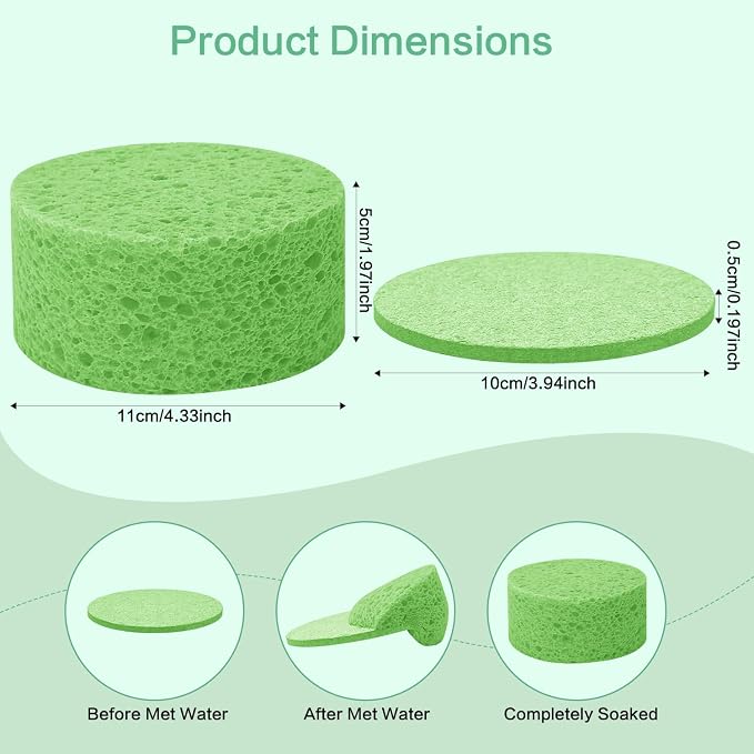 3-Pack Large Sponge, Kitchen Sponges, Handy Sponges, Cellulose Sponges, Dish Washing Sponge, Natural Sponge, Car Washing Sponge, Eco Friendly Sponge (Round, 4" X 4" X 2"), Green
