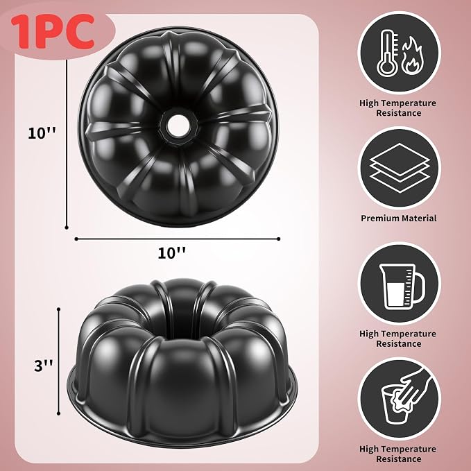 10” Cake Pan, Nonstick Fluted Cake Pan, Buntz Pound Cake Mold,Tube Bakeware,Baking Mold for Jello/Gelatin/Chocoflan, Non Toxic, Easy Clean - Black