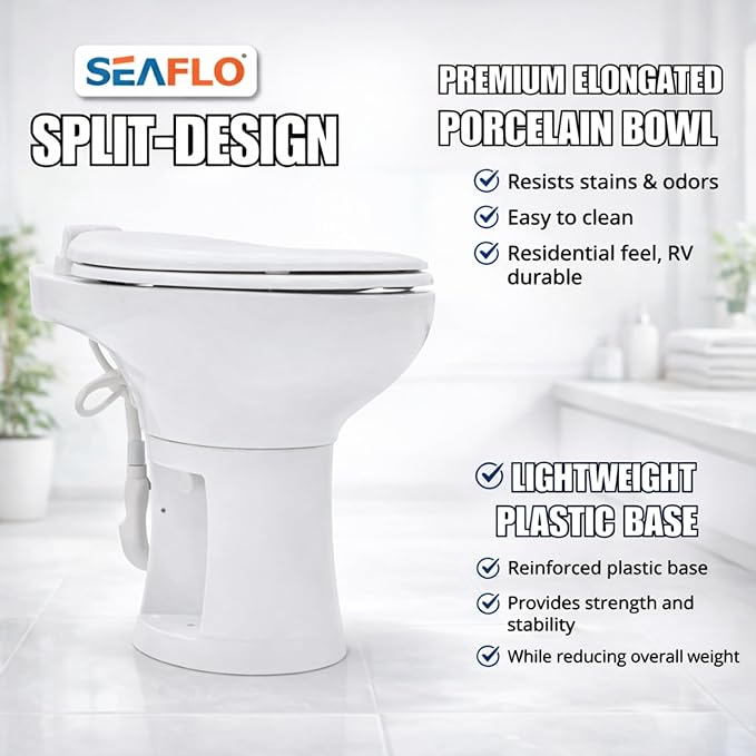 SEAFLO Porcelain RV Toilet with Sprayer Attachment - Elongated Bowl 19” Inch Residential Height, Gravity Flush, Foot Pedal Soft Close Seat Camper Motorhome Easy Install 4 -year Warranty SFRTCH-02-02