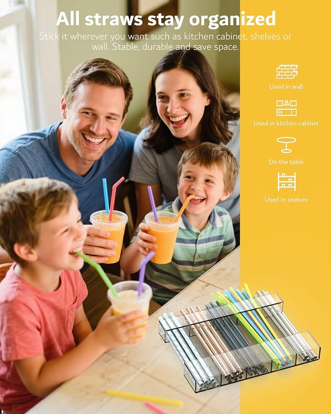 Magnetic Acrylic Straw Holder for Fridge - 5 Slot Sturdy Kitchen Organizer, Adhesive-Free Refrigerator Storage for Metal, Glass, Silicone Straws & Utensils (Separate unit Clear-Magnetic Type-5C)