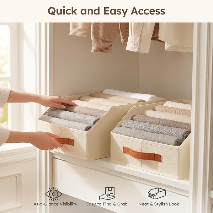 Homsorout Fabric Storage Bins for Organizing - 4 Pack Large Trapezoid Collapsible Storage Bins with Front Handle, Closet Organizers and Storage for Bedroom, Home Shelves, Small Spaces, Beige