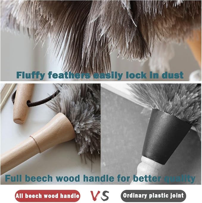 DDZMZ Ostrich Feather Duster for Cleaning with Wooden Handle,16",Brown | Genuine Natural Fluffy,Reusable and Washable,Gentle on Delicate Surfaces,for Home,Furniture,Desk