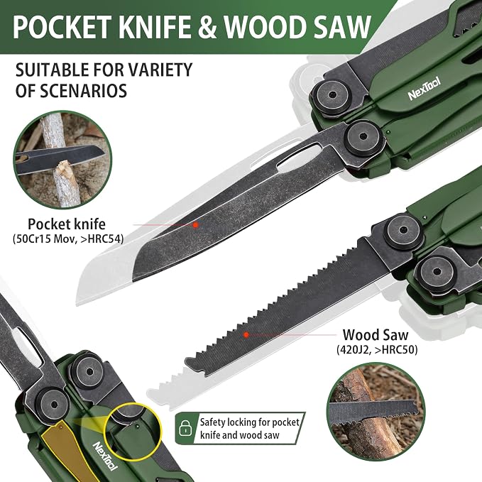 NexTool Flagship Pro Multitool Pliers with Full-size Scissors (Green) | 16-in-1 Multi-tool, Safety Locking, Replaceable YG8 wire cutters, Tool for Camping, Survival, Fishing, Repair, Gifts for Men