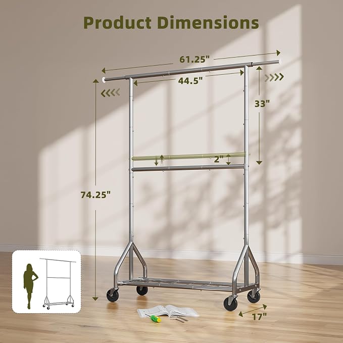 Simple Trending Heavy Duty Clothes Rack, Double Rod Clothing Rack with Wheels & Shelf, Rolling Garment Rack for Hanging Clothes, Adjustable Freestanding Wardrobe Closet for Bedroom, Laundry, Chrome
