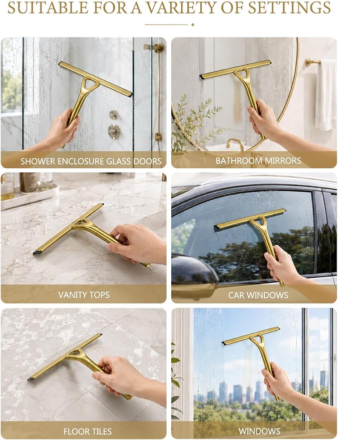 Gold Squeegee for Shower Glass 8.9x8.7in Brushed Stainless Steel | Shower Squeegee for Glass Doors,Leaves No Streaks, Rust-Resistant, Multi-surface Cleaning, Non-slip Handle, Comes with a Hook