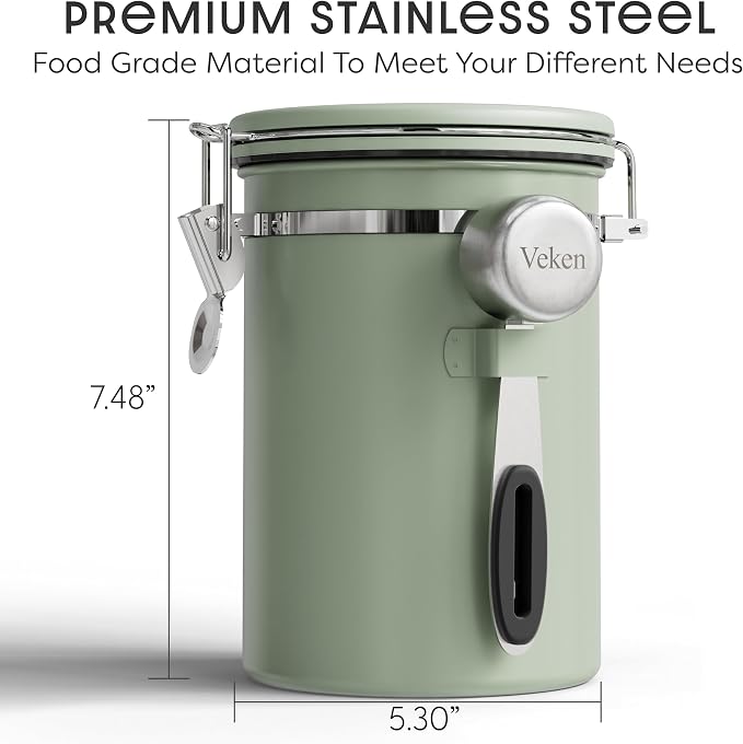 Veken Coffee Canister with Window, Airtight Stainless Steel Kitchen Food Storage Container with Lids, Date Tracker and Scoop for Ground, Beans, Tea, Flour, Cereal, Sugar Jars, 22OZ, Green
