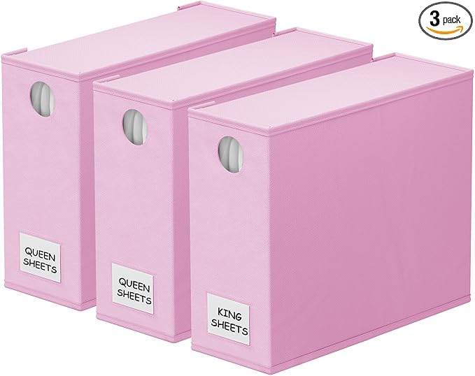 SpaceAid 3 Pack Bed Sheet Organizers and Storage, Foldable Sheet Organizer for Linen Closet, Set Folder Keeper with Window XL (Queen & King Size) Bedding Container (Pink, 3 Pack)
