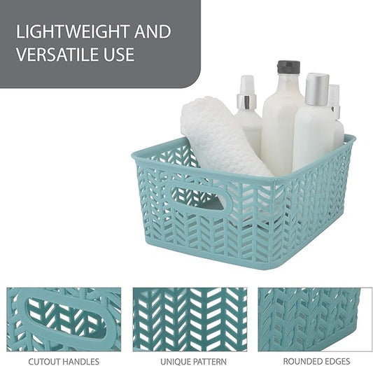 Simplify 3 Pack Small Herringbone Storage Basket, Dimensions: 10"x8"x4", Herringbone Design, Light Weight, Great for Bathroom, Kitchen, Office, Closet, 2 Open Handles, Dusty Blue