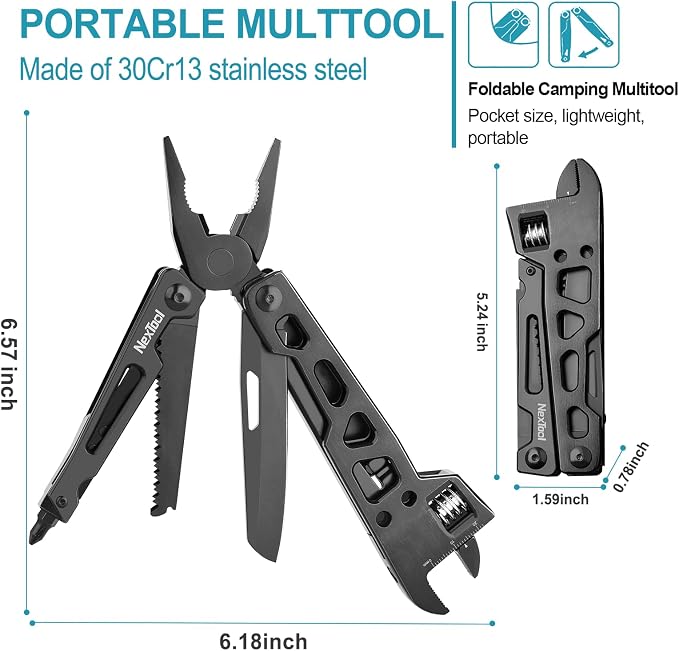NexTool W3 Adjustable Wrench Multitool, 9-in-1 Folding Pliers | 20mm Jaw Opening, Locking Knife, Saw, Nylon Sheath, Heavy-Duty Stainless Steel Tool for Mechanical Repair, Camping, DIY