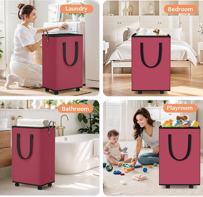 SpaceTrove Rolling Laundry Basket with Wheels, Laundry Hamper, 100L, Red | Collapsible, 4 detachable wheels including 2 with brakes, sturdy handle, metal frame, for dorms, bathrooms and bedrooms