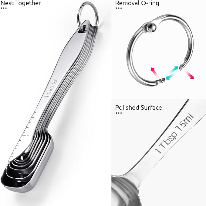 U-Taste Narrow Square Measuring Spoons: 18/8 Stainless Steel Kitchen Measure Teaspoon Tablespoon with Leveler, Polygon Rectangular Metal Jar Scoop for Baking Cooking, Coffee, Spice, Powder (Set of 8)