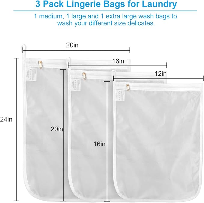 GOGOODA 3 Pack Delicates Laundry Bags, Fine Mesh Wash Bag with Hanging Loop | 3 Size M/L/XL for Lingerie, Shirts, Sweaters, Underwear, Bra, Silk, Socks, etc