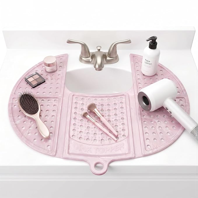 Sink Topper Bathroom Sink Cover for Counter Space, Standard Pink | Holds up to 7 lb on a steel frame; fits over basins to 19 in; 480°F silicone, hot tools; foldable makeup mat; RV, camper